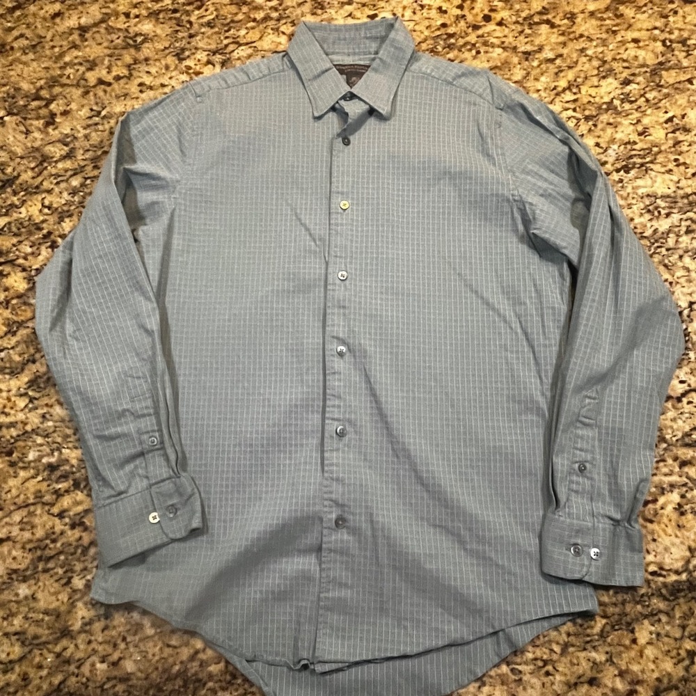 Banana Republic Stretch Classic Mens Large Blue Gray Grid Button Down Shirt L